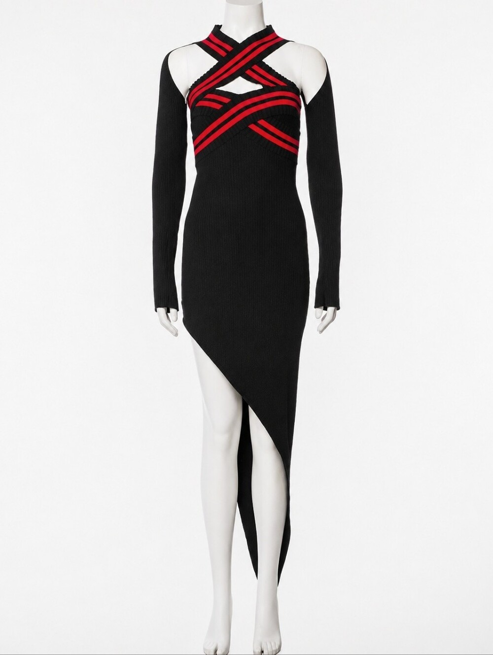 DAVID KOMA | Fall 2022 Runway Collection Black Red Cutout Knit Midi Dress Large